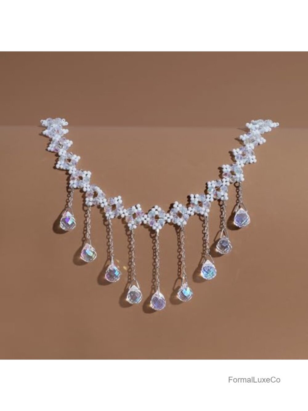 Rhinestone Crystal Tassel Choker Necklace Pearl Beaded Dainty Cubic Zirconia - Picture 2 of 6
